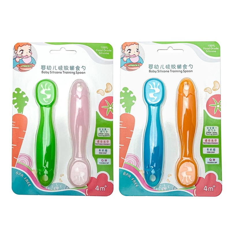 2pcs Lovely Baby Learning Spoon Set Baby Toddler Anti-slip Feeding Training Utensils Tableware Silicone Teether