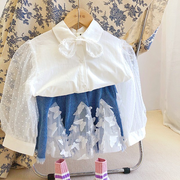 2pcs/set Kids Girl Clothes French Shirt Three-dimensional Butterfly Denim Skirt Fashion Casual Summer Children Clothing Suit