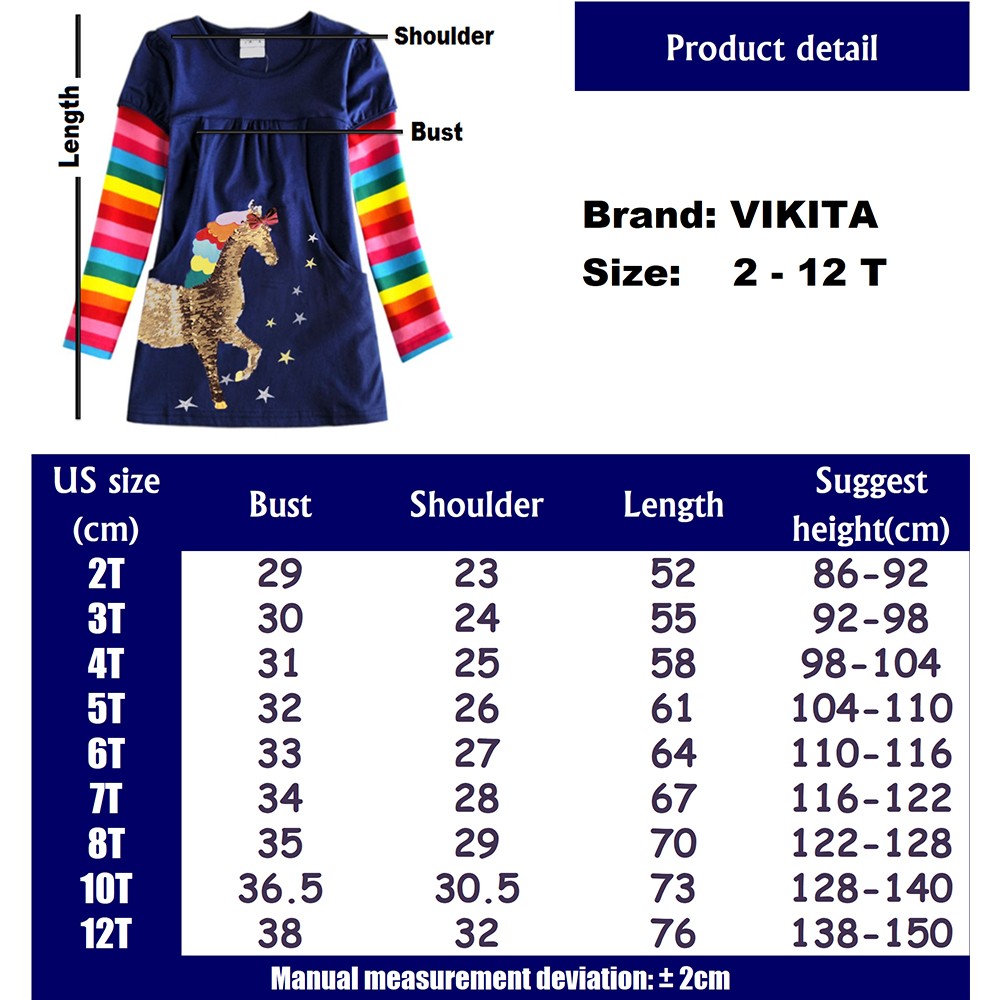 Vikita Girls Rainbow Striped Dress Kids Sequin Unicorn Dress Autumn Baby Dress With Pockets Cotton Dresses For 3-12 Years Girls