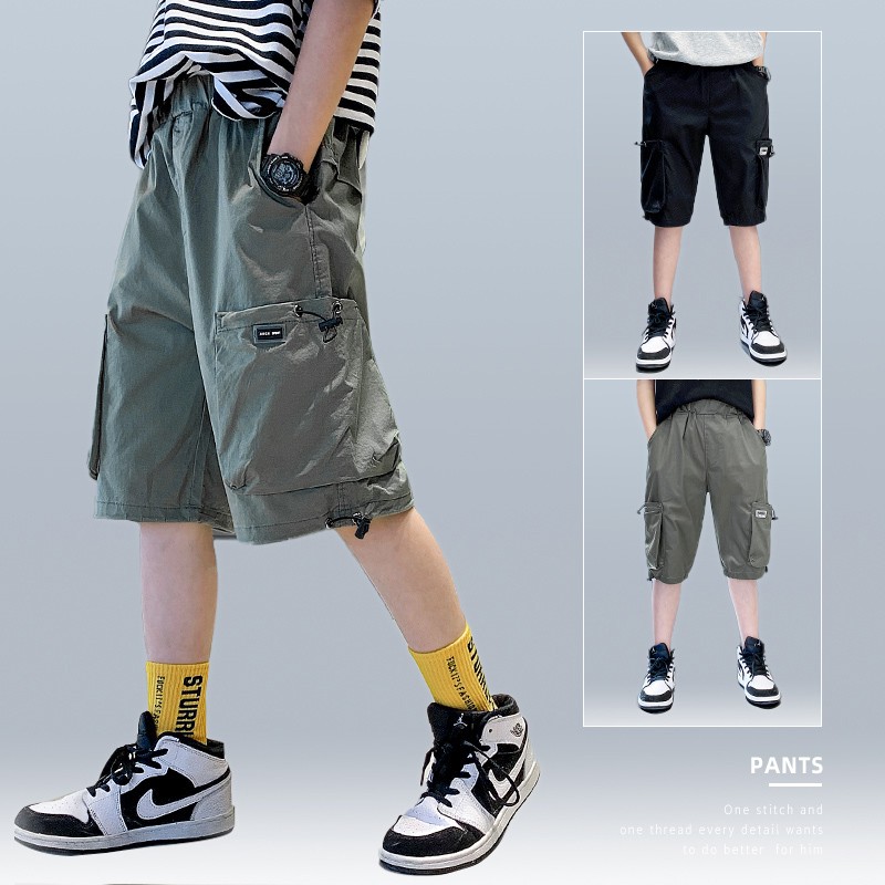 Boys Casual Loose Pants Chic Pockets Patchwork Cargo Knee Length Short Pants Fashion Running Elastic Waist All-match Streetwear