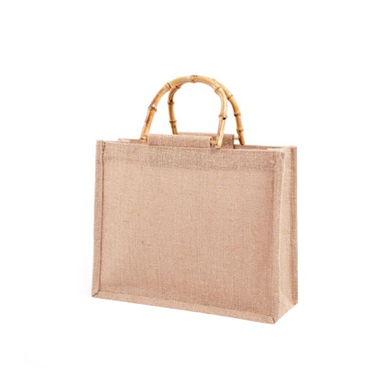 Portable Burlap Shopping Bag Jute Handbag Bamboo Ring Retro Carry Handles DIY Handbag Women Large Size Beach Bag for Girls