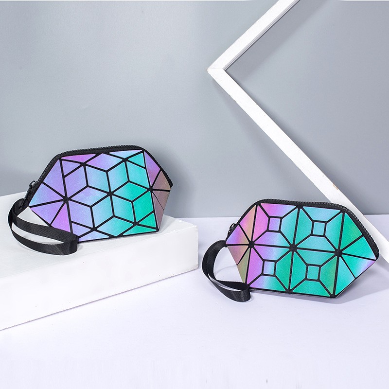 New Geometric Luminous Women Cosmetic Bag Organizer Zipper Makeup Ladies Folding Cosmetic Noctilucent Pouch Travel Make Up Bag