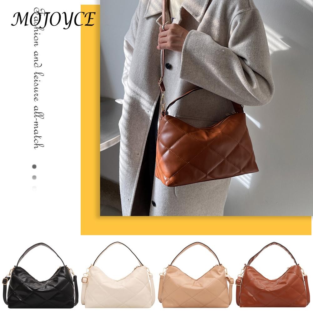 Embroidery Thread PU Leather Crossbody Tote Female Lattice Trending Handbag Women Vintage Zipper Travel Handbag