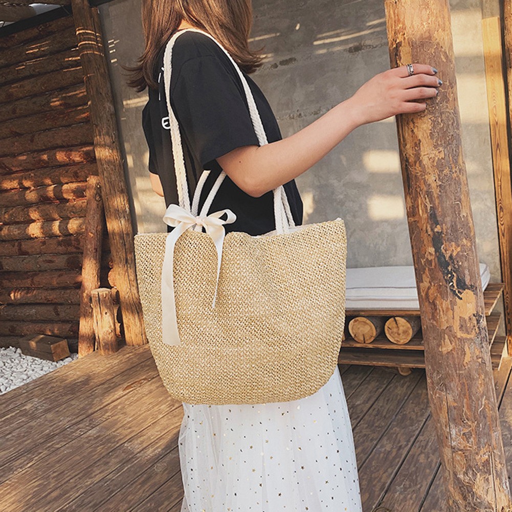 Women's handmade woven straw bag shoulder bag with bow large capacity rattan handle bag female summer beach casual handbag