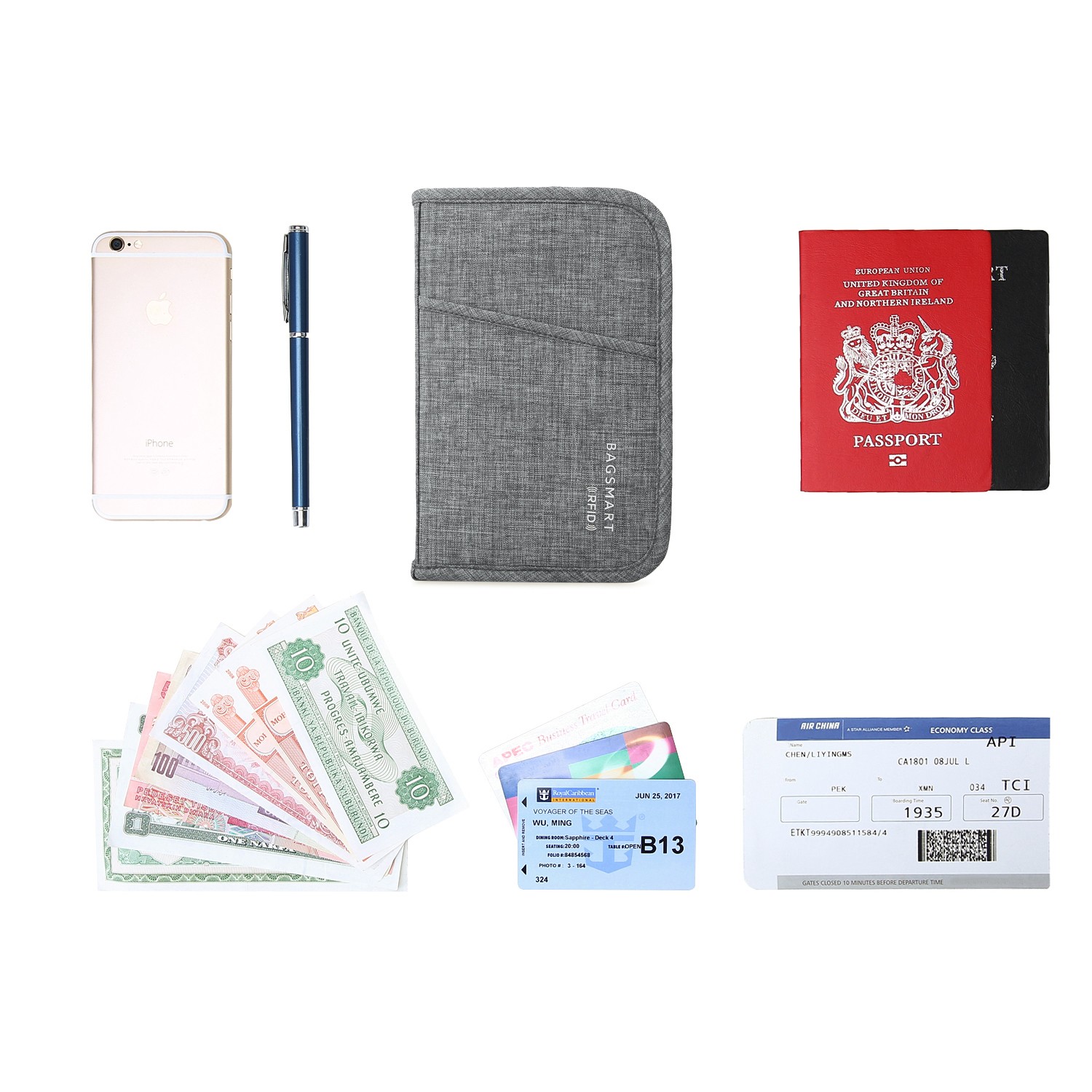 BAGSMART مقاوم للماء مكافحة سرقة حامل جواز سفر محفظة سفر بطاقة الائتمان الكبيرة محافظ منظم إكسسوارات السفر حقيبة رمادي