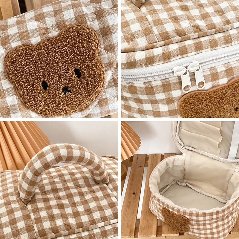 Cute Khaki Bear Makeup Bag Large Capacity Portable Cosmetic Bags Zipper Pure Cotton Plaid Brushes Pouch Case For Women Girls