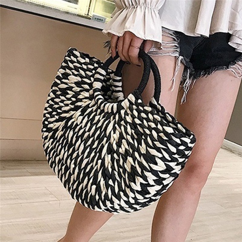 Women's handbag elegant rattan wicker straw woven half round bag large capacity casual travel bags