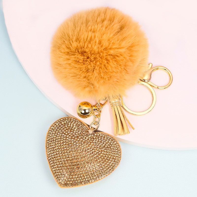 Rhinestone Pompom Heart Keychain Ladies Bag Hanging Room Car Pendant Decoration