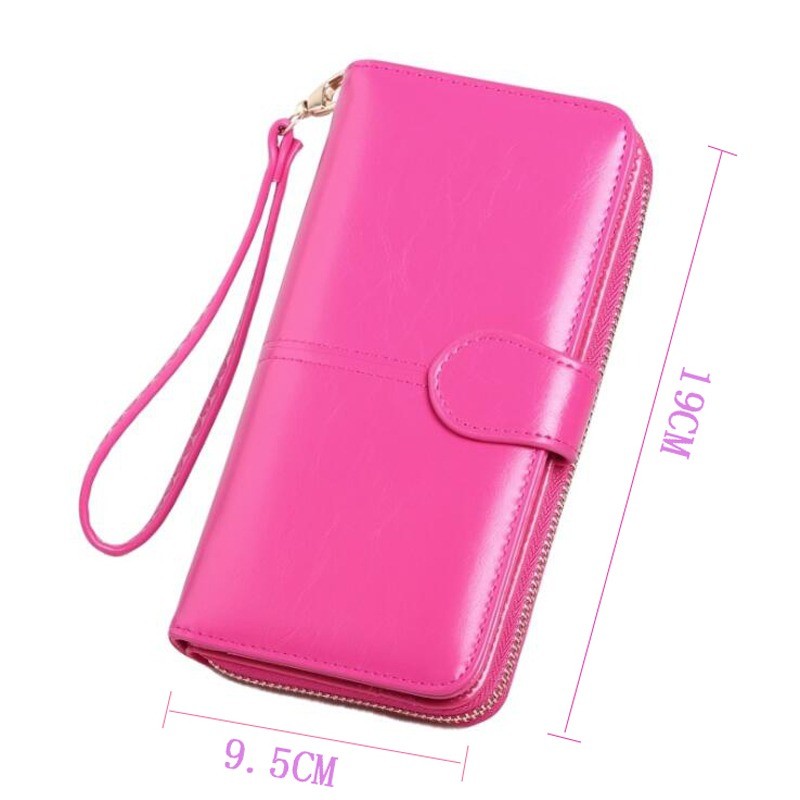 Leather Women Long Zipper Oil Wax Wallet Large Capacity Zipper Clip Wallet Ladies Long Wristlet Clutch Coin Card Holder Portomonee