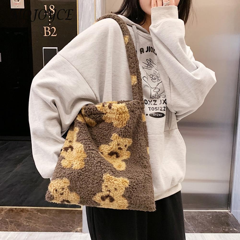 Elegant Women Shoulder Bags Women Autumn Winter Cartoon Bear Print Underarm Bag Warm Plush Tote Decorative Handbag