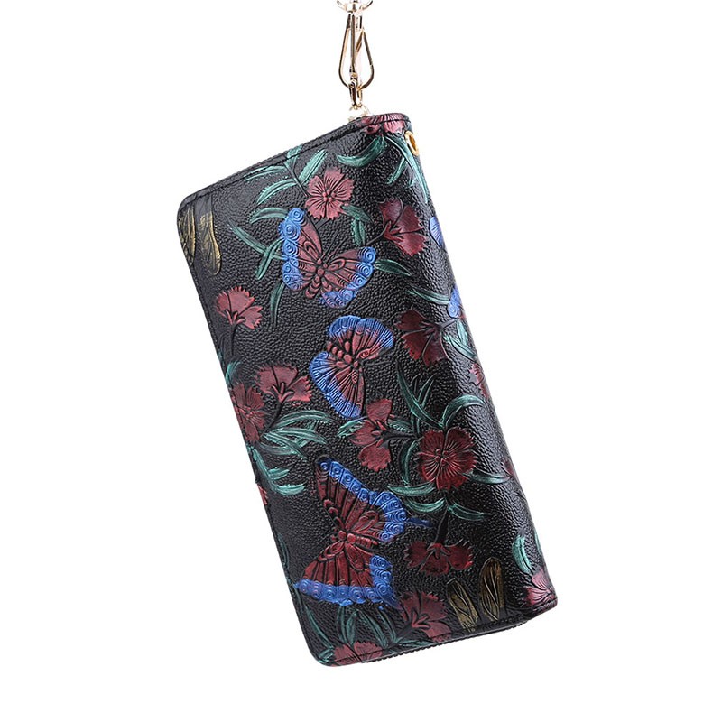 Women Long Wallet Leather Retro 3D Embossing Rose Dragonfly Clutch Butterfly Bag Women Large Capacity Zipper Luxury Hangbags