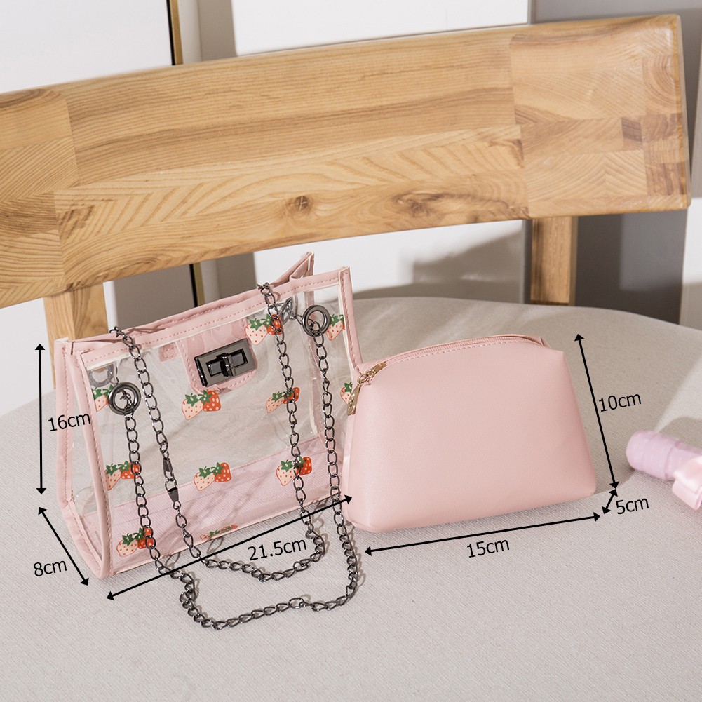 2022 Fashion Women Transparent Sweet Strawberry Pattern Clutches Shoulder Bag Chain Block Color Messenger Handbag Composite Tote