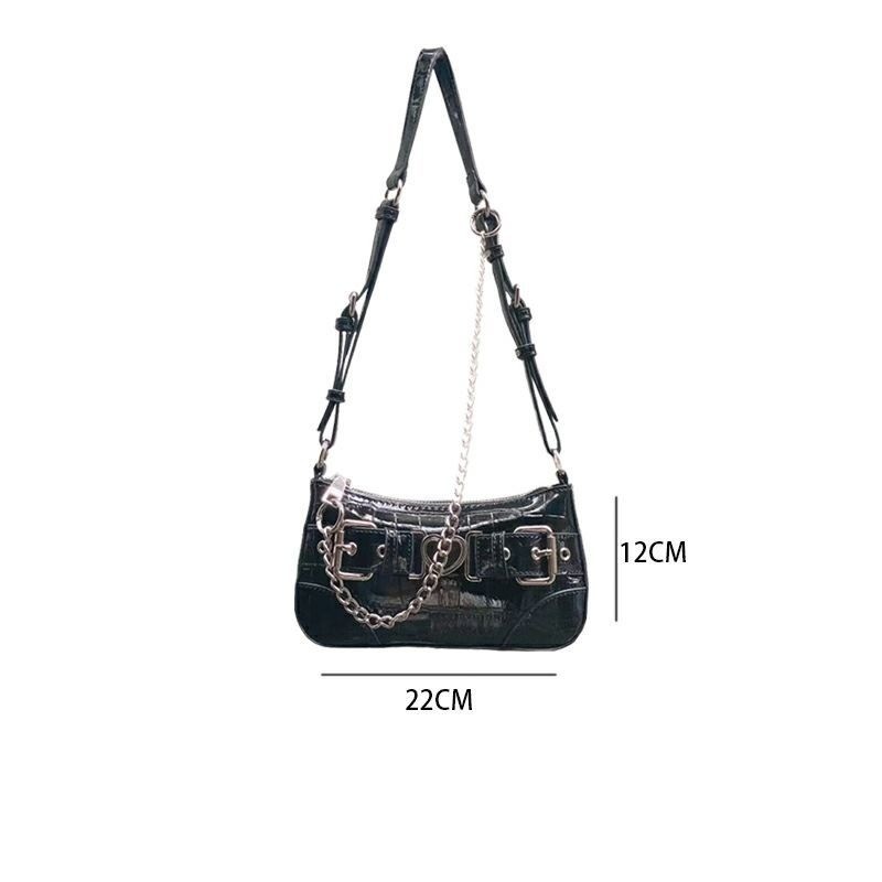 Xiuya Motorcycle Style Cool Shoulder Bag 2022 Crocodile Pattern Black Hot Girls Underarm Cell Phone Bag Metal Heart Handbags