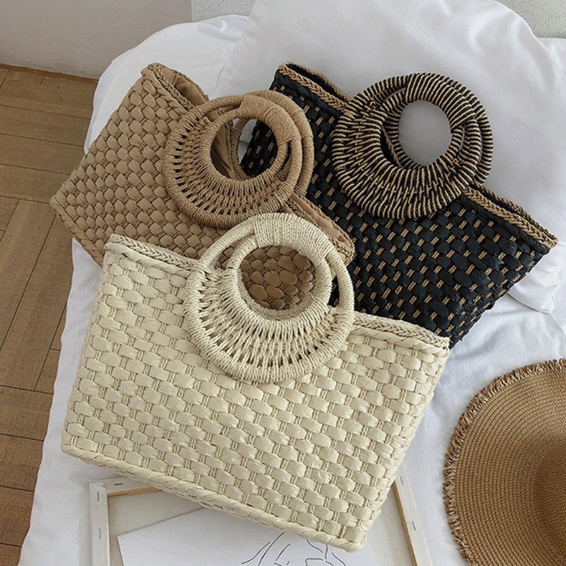 bohemian women summer beach woven straw handbag with round top handle travel vacation weave zipper large top basket bag