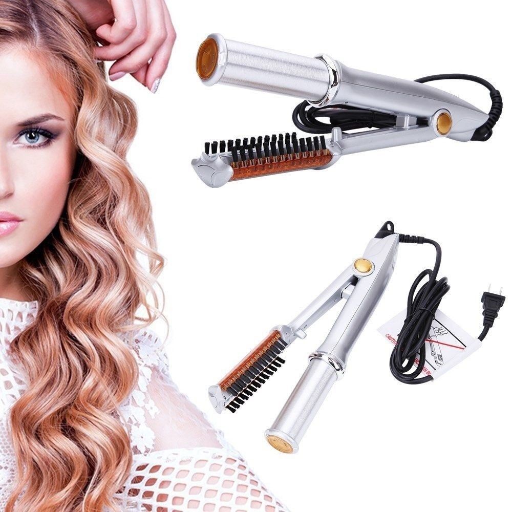 2 in 1 Hair Curler Hair Straightener Styling Tools LCD Ceramic Rotating Hair Waver Magic Curling Wand Iron. a brush