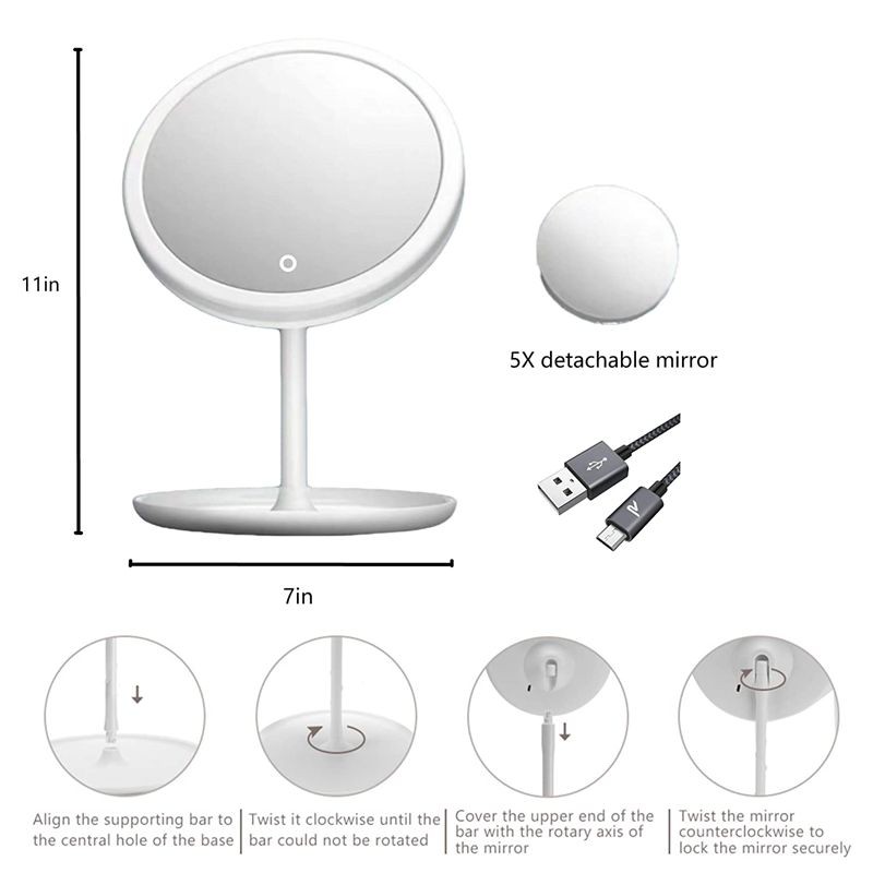 LED Makeup Mirror with Lamp Light with Storage Desktop Rotating Cosmetic Mirror Light Adjustable Dimming USB Vanity Mirror