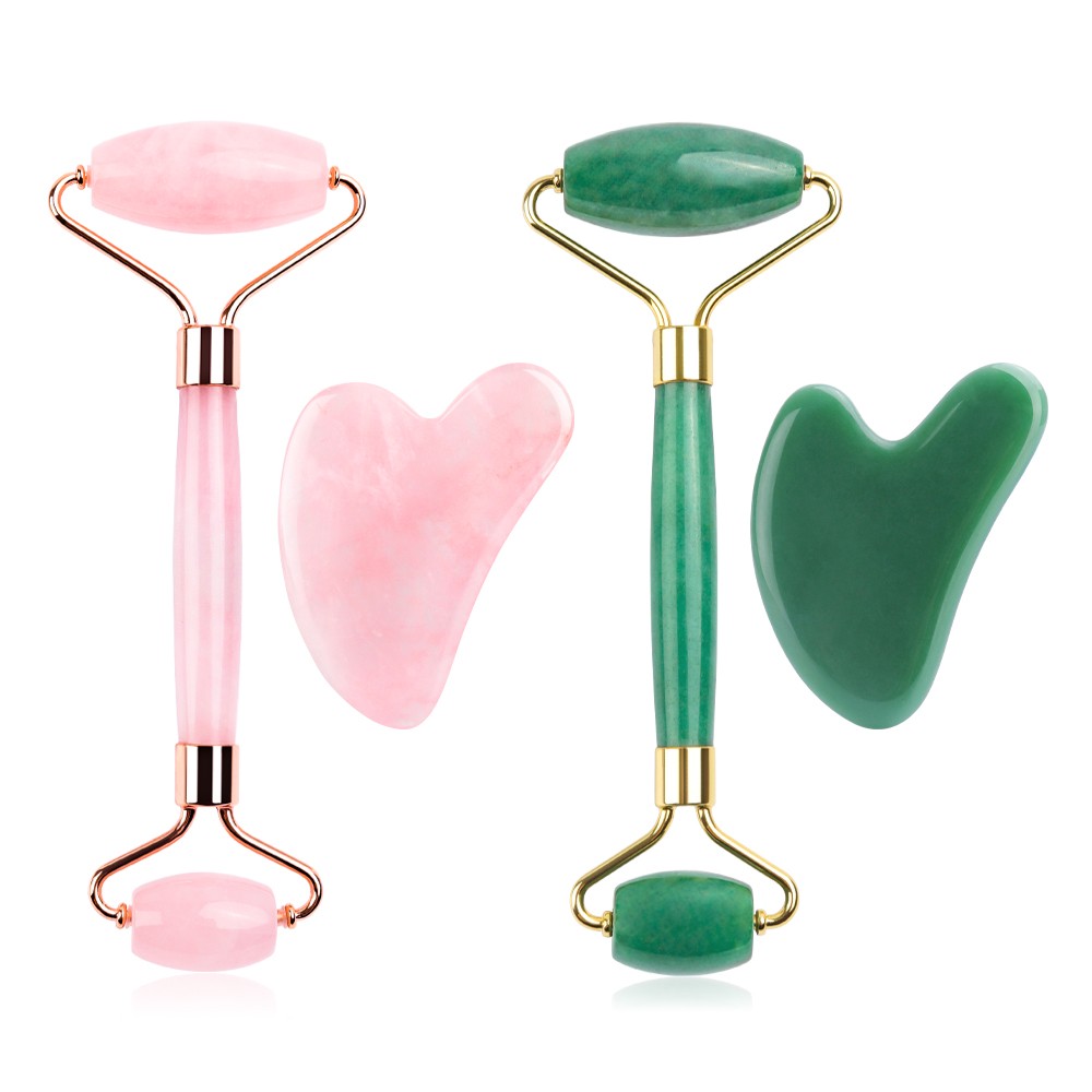 Natural Pink Quartz Jade Roller Gua Sha Set Facial Body Massager Roller Stone Jade Massage Set Face Lifting Beauty Massage Device