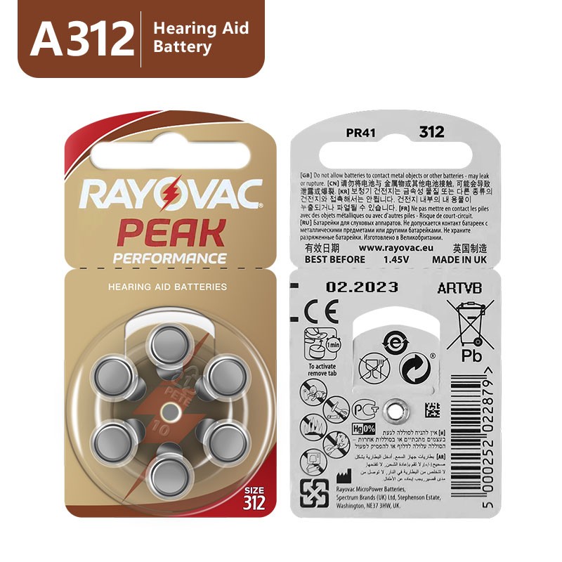 Hearing Aid Batteries 60pcs/10cards RAYOVAC Peak 1.45V 312 312A A312 PR41 Zinc Air Battery for BTE CIC Rick OE Hearing Aids