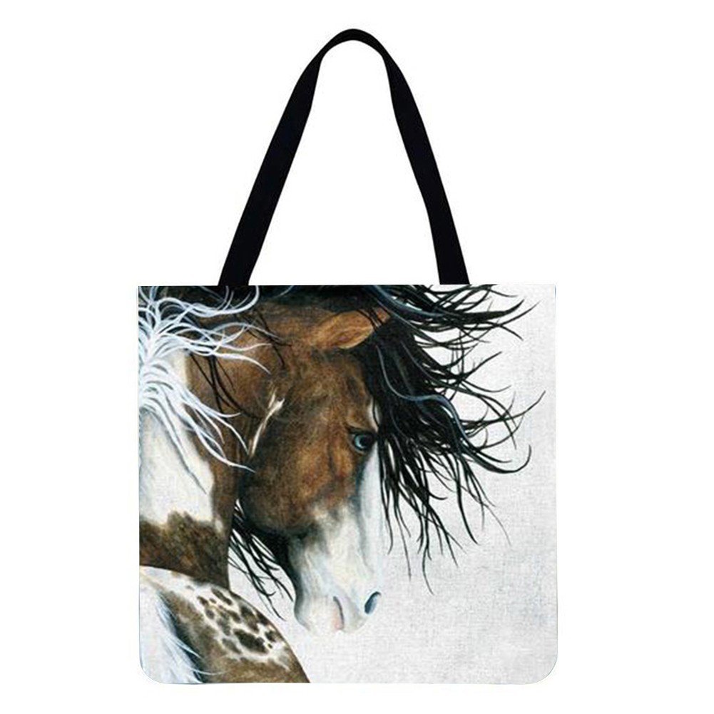 Reusable Linen Shopping Bags Casual Ladies Animal Horse Printed Pattern Tote Square Large Capacity Storage Bag