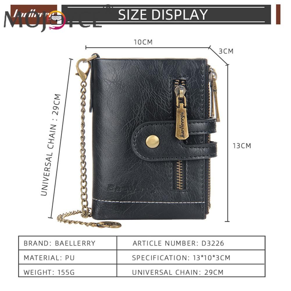 Retro Men Double Zipper Portable Mini Wallet Multi Slot Card Holder Small Wallet With Chain Fashion Solid Color PU Leather Burse