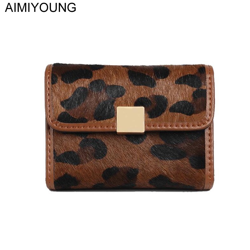 AIMIYOUNG - Women's Horse Fur Wallet, Small Wallet, Leopard Leather, Card Holder, Brown, Red