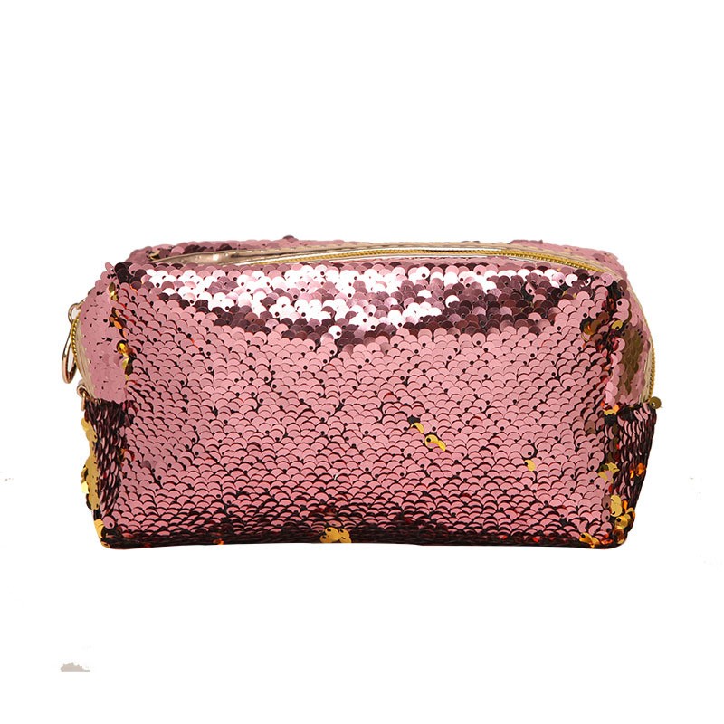 Small Embroidery Cosmetic Bag Women Girls Portable Makeup Bag with Shiny Sequins Travel Organizer Zipper Box