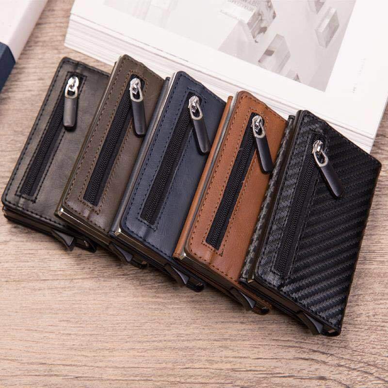 DIENQI Anti Rfid ID Card Holder Case Men Leather Metal Wallet Male Coin Purse Women Mini Carbon Credit Card Holder With Zipper