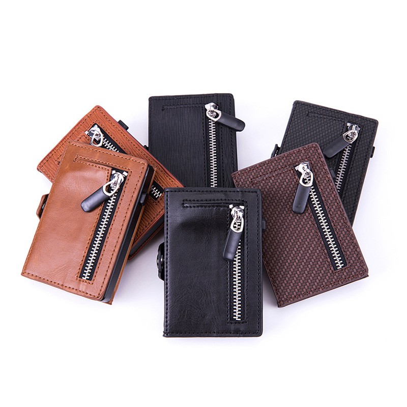 DIENQI - Men's Rfid Carbon Fiber Leather Card Holder Metal Card Holder Simple Steel Pocket Wallet