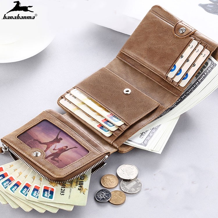 Men Short Wallet Trifold Cartera Piquina Coin Purse Zipper Clutch Bag Men Genuine Leather Wallets Classic Style