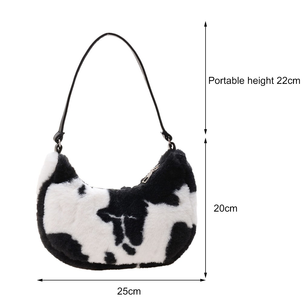 Women Soft Plush Shoulder Bags Cow Print Hobo Bags Female 2021 New Autumn Winter Small Handbag Travel Warm Fluffy Tote Bags