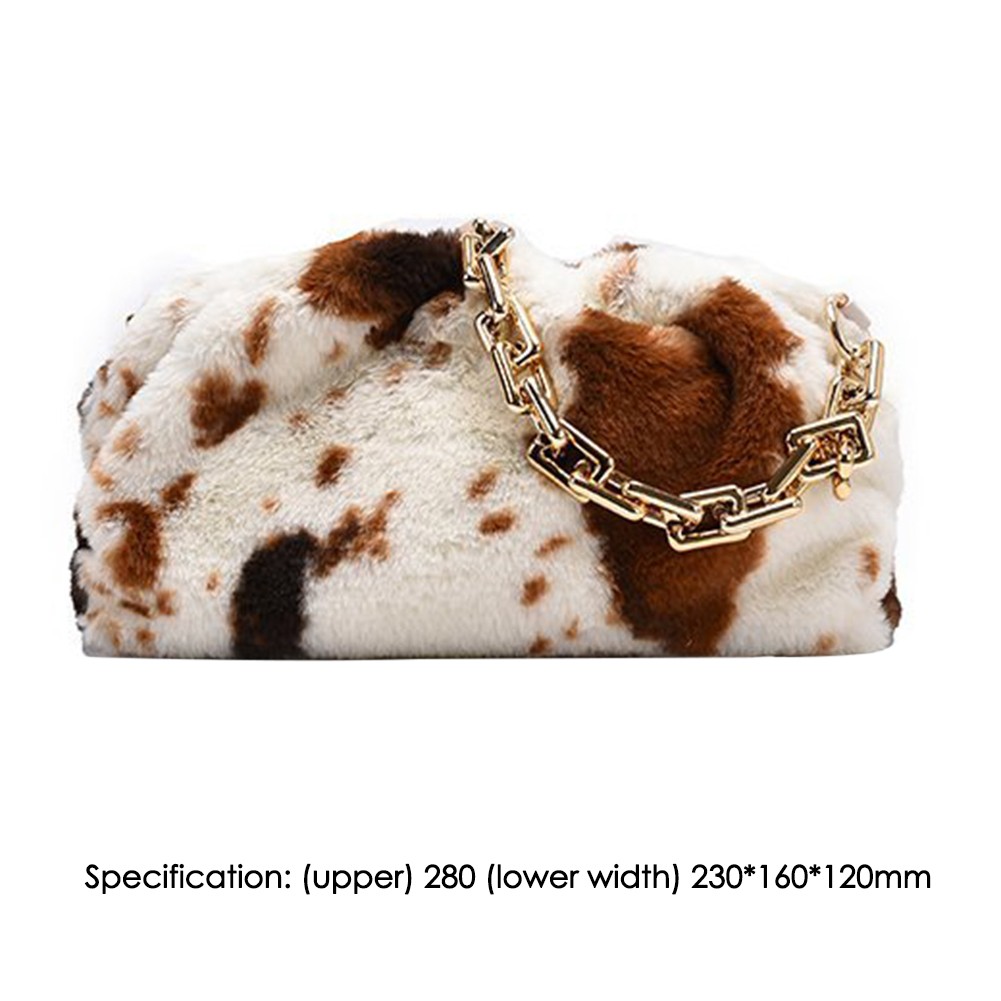 Fashion Women Winter Cloud Bag Cow Print Soft Plush Shoulder Bag Female Thick Chain Handbags 2021 Ladies Warm Fur Underarm Bags