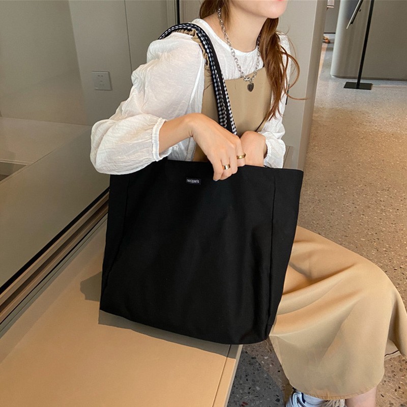 Women Shoulder Bag 2021 Canvas Tote Bags Girl Fashion Casual Solid Color Plaid Shopper Bags Large Capacity Double Sided Handbags