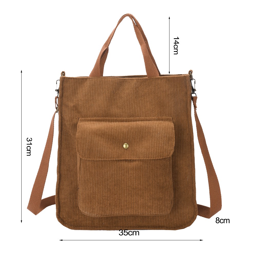 Retro Corduroy Shoulder Bag Women 2021 Large Capacity Shopping Bag Girls Student Bookbag Travel Handbag With Outer Pocket