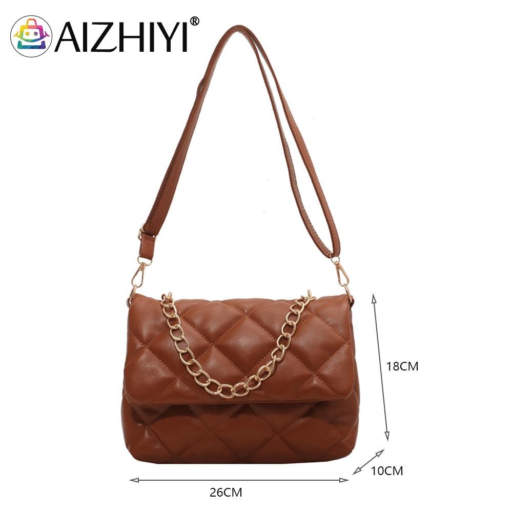 Women's PU Leather Diamond Lattice Shoulder Bag Lady Embroidery ThreadChain Flap Crossbody Bag