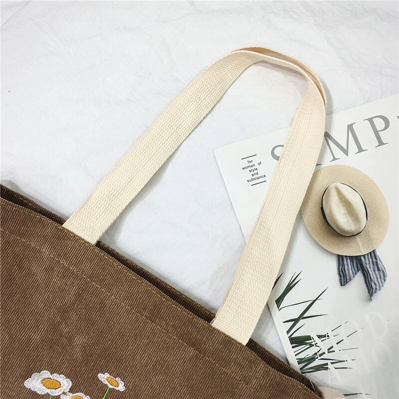 Women Shoulder Bag 2021 Cute Corduroy Tote Bag With Zipper Fashion Girl Shopper Bags Embroidery Mini Bags Daisies Crossbody