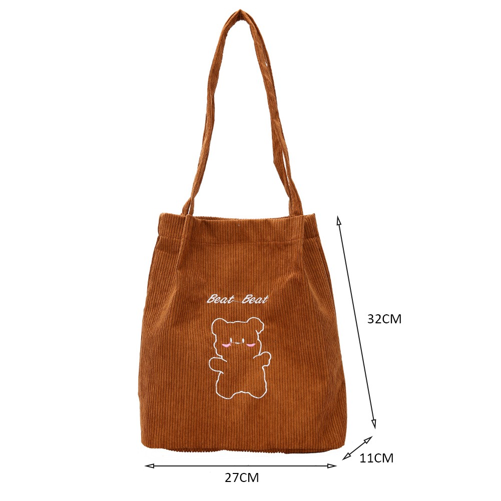 Women Corduroy Shoulder Bag Female Canvas Cloth Bucket Bag Girls Cartoon Bear Print Handbag 2021 Reusable Eco Grocery Travel Bag