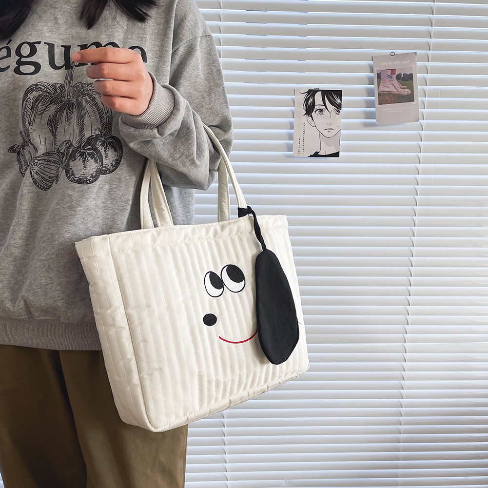 Women's Space Cotton Quilted Shoulder Bag Cartoon Dog Print Handbag Winter Warm Quilted Handbag Female Large Capacity Tote Bags