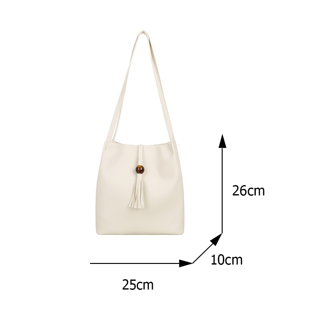 Retro Solid Color PU Leather Women Shoulder Bags Bucket Bags Fashion Small Tassel Shopping Bag Ladies Casual Shoulder Bag