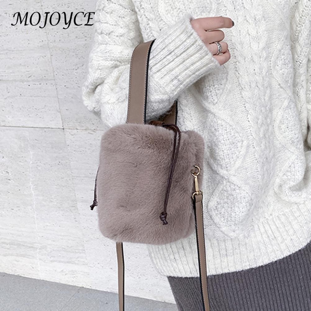 Fashionable Women Shoulder Bags Plush Drawstring Solid Color Casual Ladies Bag Bucket Shoulder Drawstring Handbags