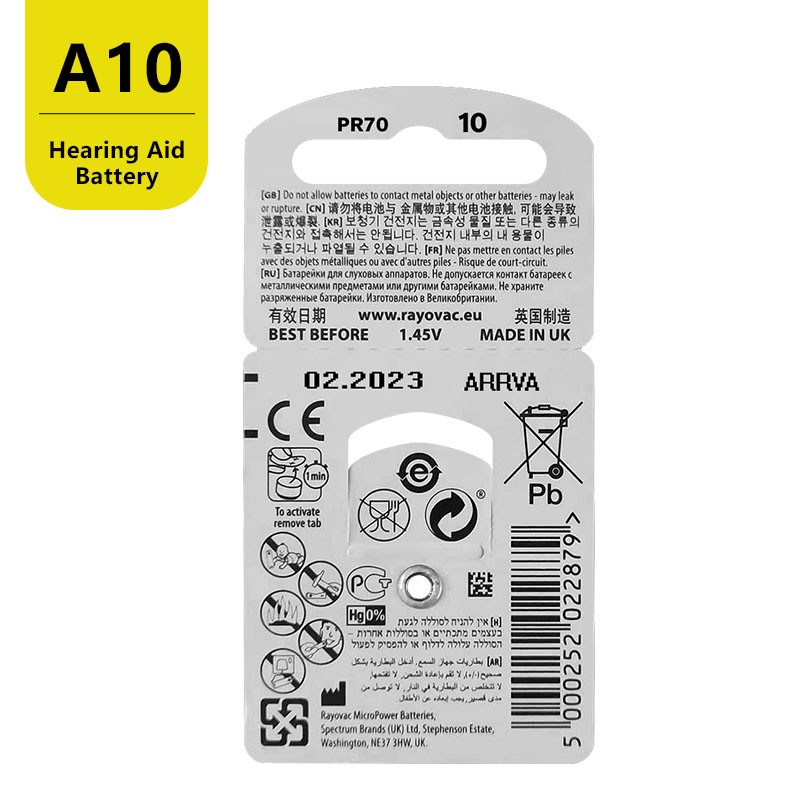 60pcs Rayovac Peak Hearing Aid Batteries 10 A10 ZA10 10A P10 PR70 High Performance Zinc Air Battery For Small Digital Hearing Aid