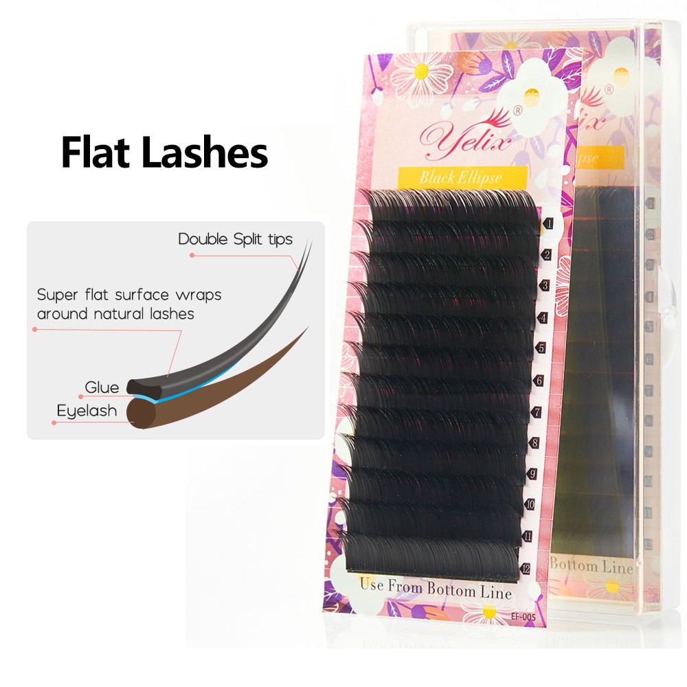 Yilix Cils Ellipse Flat Lashes Blend Soft Two Split Tips Dark Eye Lashes Black Cashmere Eyelashes Lash Extension Supplies