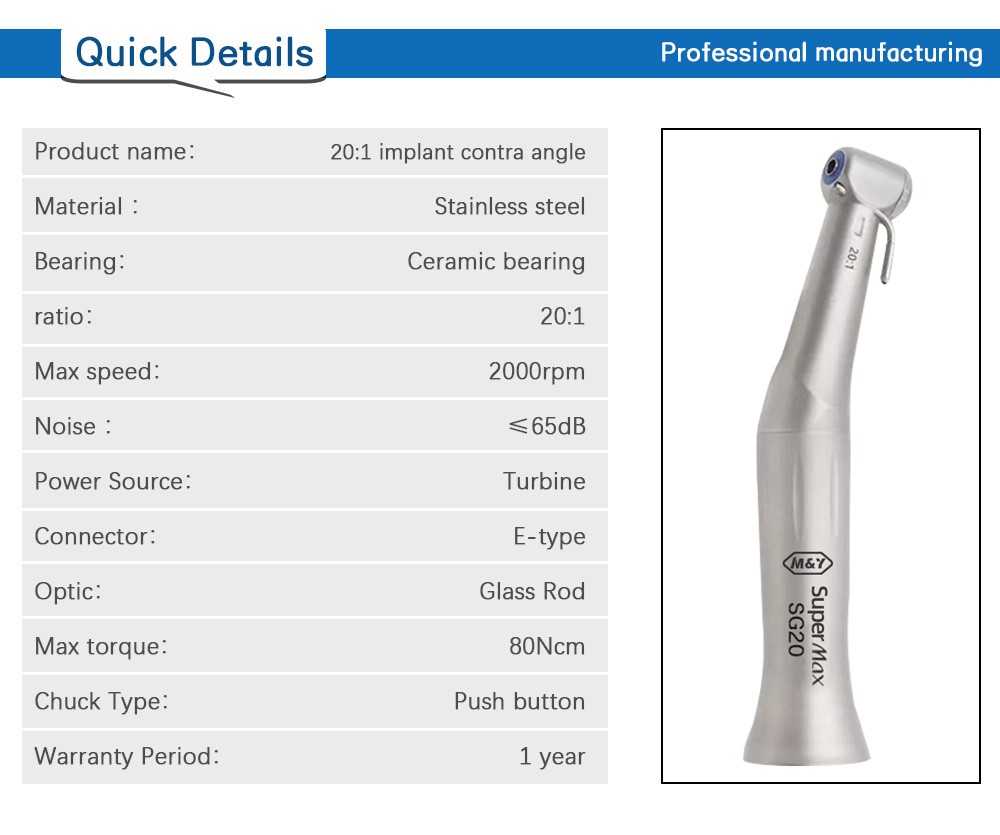 Dental S Max SG20 Implant Surgery Handpiece 20:1 Reduction Contra Angle Low Speed ​​Push Boto Teeth Whitening Pen