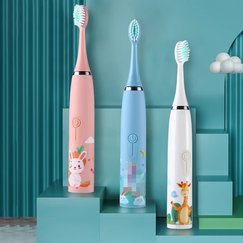 Children's Electric Toothbrush Cartoon Pattern for Kids with Replacement Teeth USB Charger Ultrasound Replaceable Head