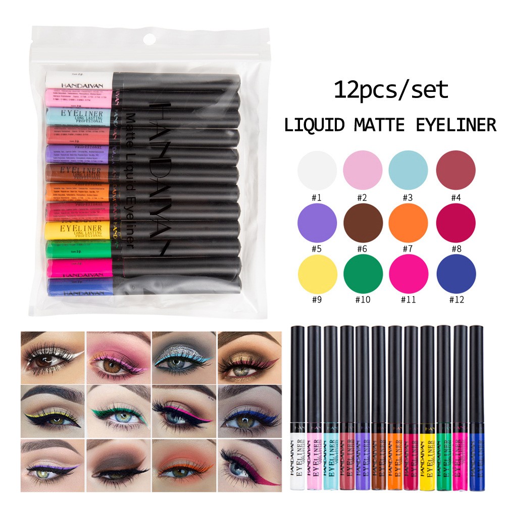 12 Colors Liquid Eyeliner Pen Set Waterproof Long Lasting Matte Colorful Eye Liner Cosmetic Quick Dry White Green Liner Makeup Kit