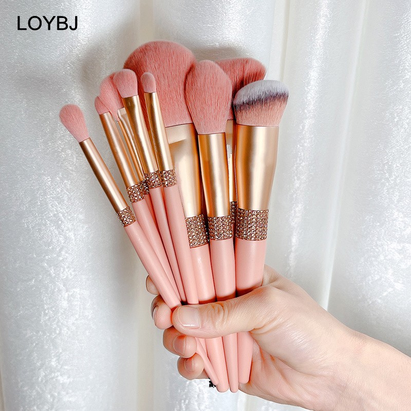 Loebig 10pcs Diamond Makeup Brushes Set Cosmetic Blending Tool Powder Foundation Blush Highlighting Eyeshadow Eyebrow Eyelash Brush