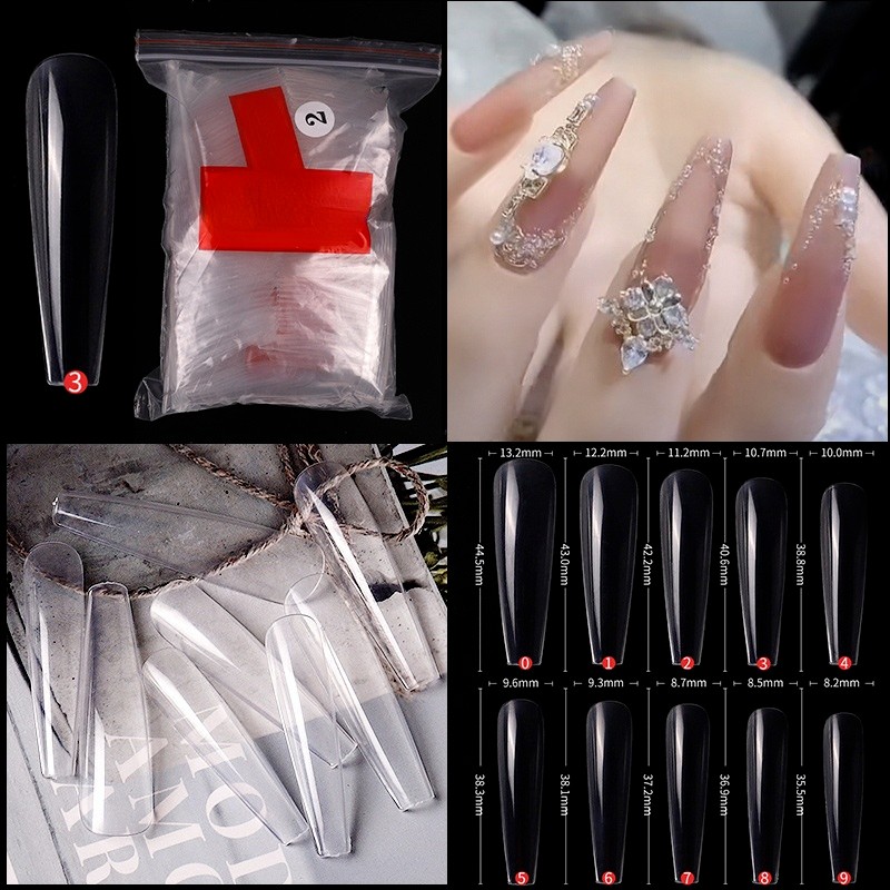 500pcs LongNail Tips Acrylic Full Cover Ballerina Fake False Nail for Salons DIY 10 Sizes Clear Ballet False Nail