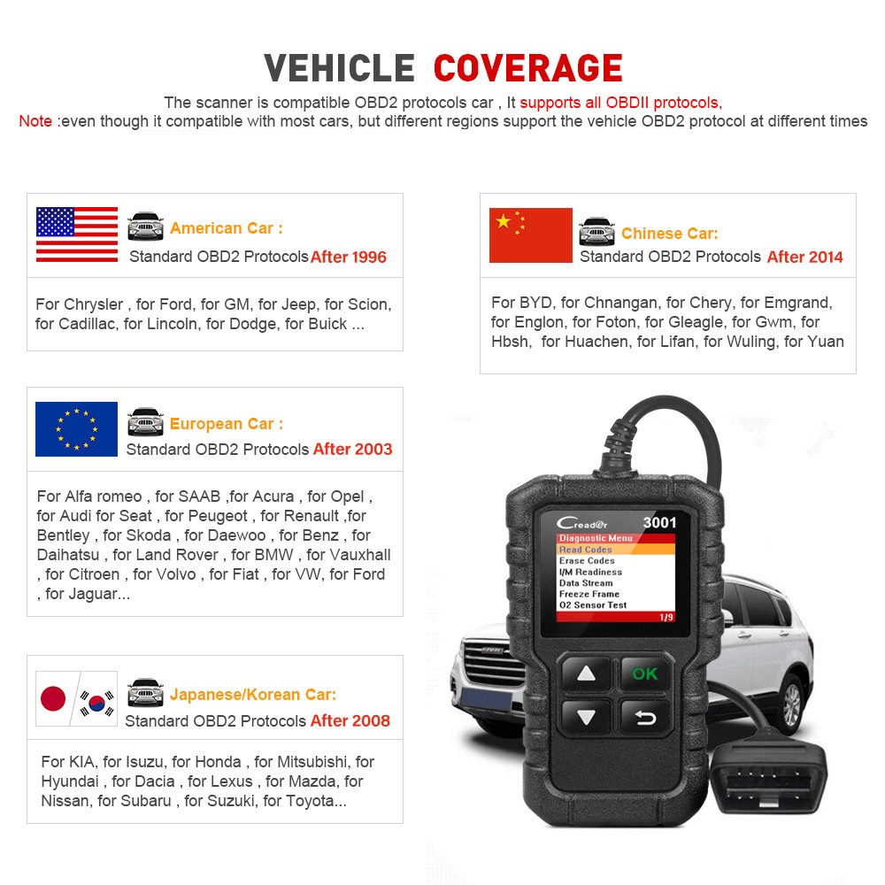 Launch X431 CR3001 Car Full OBD2 /EOBD Code Reader Scanner Auto Professional OBDII Diagnostic Tools pk KW310 ELM327 iCar2