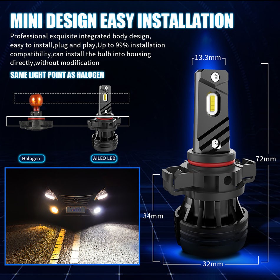 AILEO - Car Fog Light, High Brightness LED Bulb, 72W 12000LM Dedicated CSP Chips, PS24W PSX24W PSX26W SP13W H11 H1 H3 H27 880