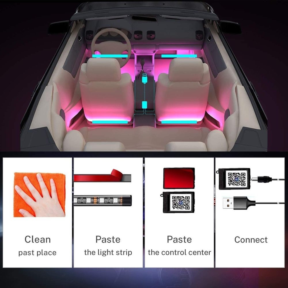 ANMINGPU Neon LED Car Ambient Foot Light with USB Wireless APP Remote Music Control Auto LED Interior Atmosphere Decorative Lamp