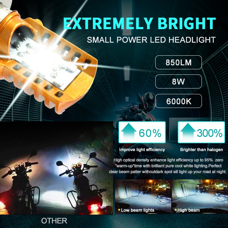 8W 850LM LED Motorcycle H4 Headlight COB Bulbs Motorbike Scooter Headlamp Light High Low Beam All-in-on 6500K White DC 12V